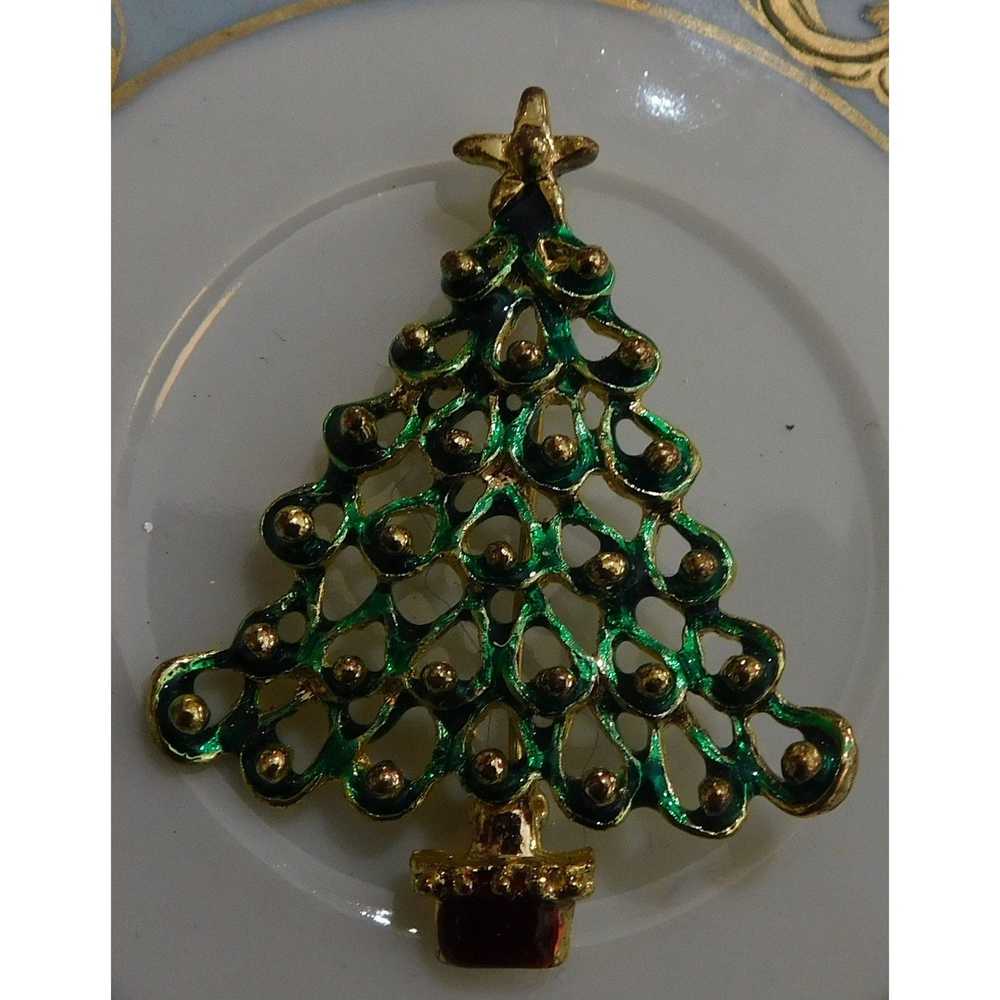Other Vintage Green And Gold Christmas Tree Brooch - image 5