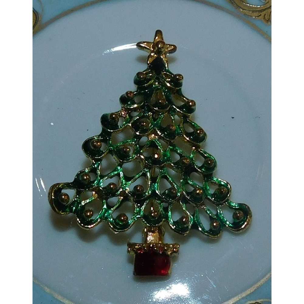 Other Vintage Green And Gold Christmas Tree Brooch - image 6