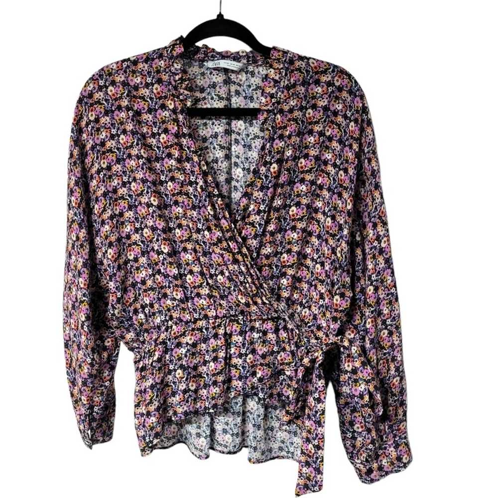 Zara ZARA FLORAL Faux Wrap v-neck blouse black pu… - image 1