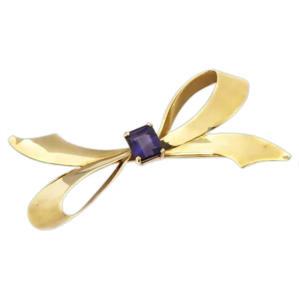 Tiffany & Co. Retro Amethyst Gold Bow Brooch - image 1