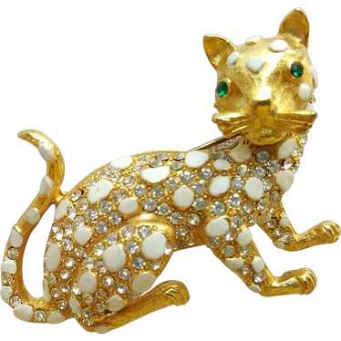 Cat Brooch With Rhinestones and Enameling - image 1