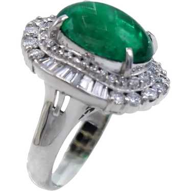 Colombian Cabochon Emerald Diamond Platinum Ring - image 1