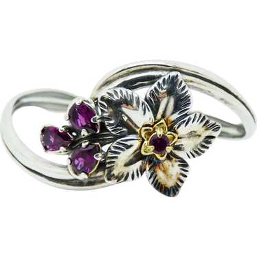 Vintage Sterling Silver Garnet Flower Bypass Cuff 