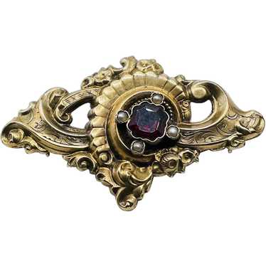 Antique Victorian Garnet Seed Pearl Gold Filled B… - image 1