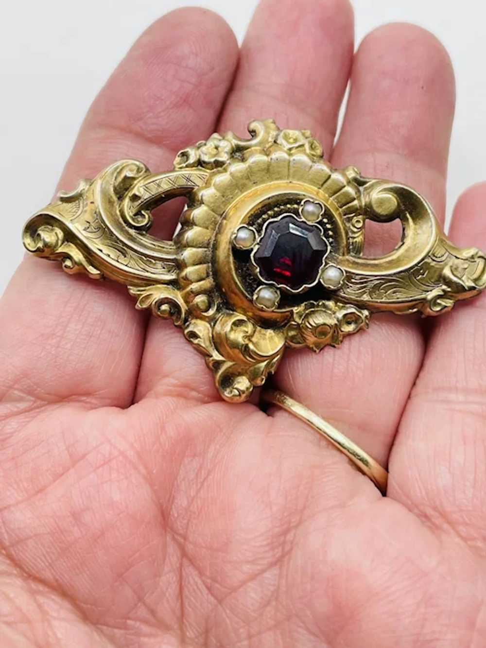 Antique Victorian Garnet Seed Pearl Gold Filled B… - image 6