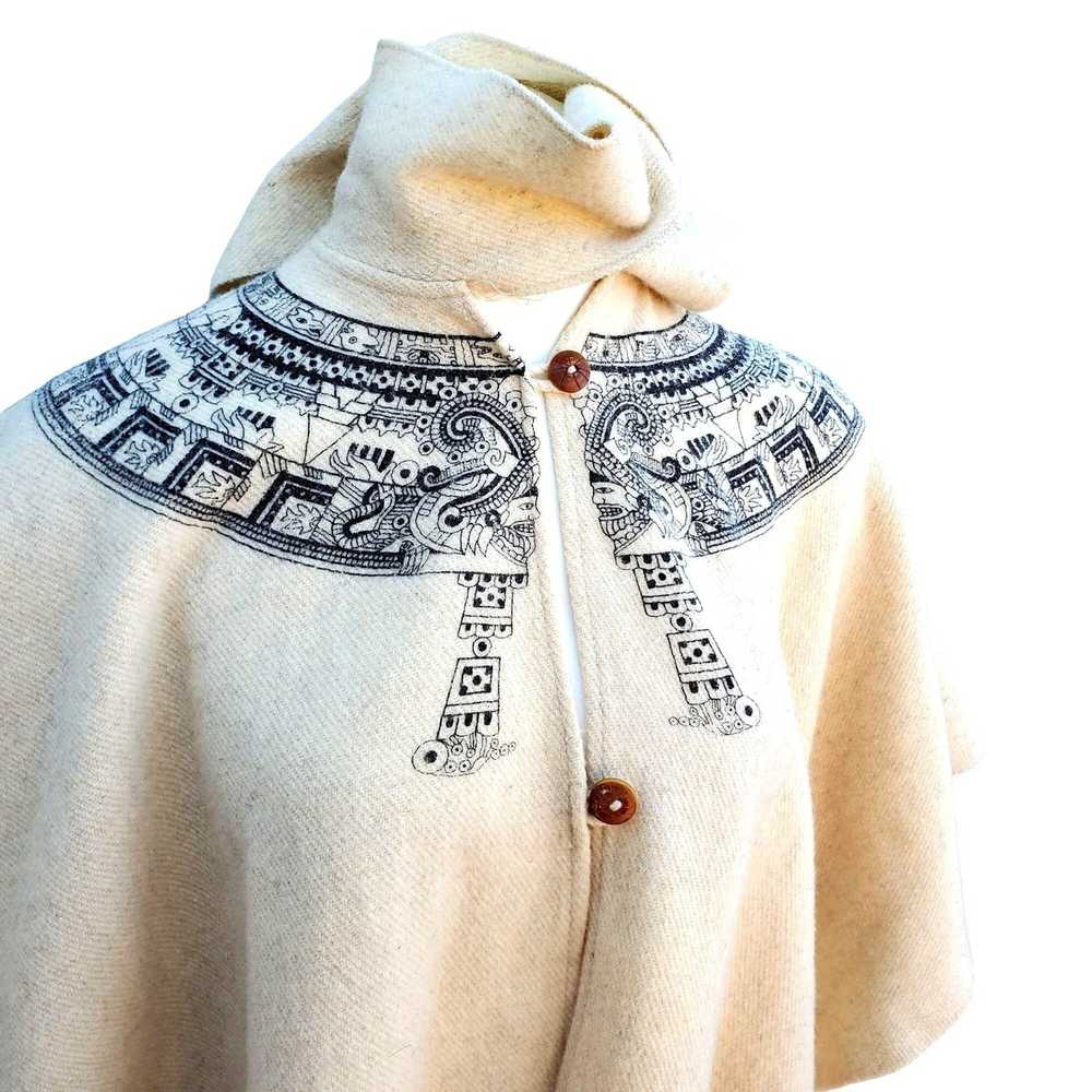 Vintage Beige Wool Poncho Serape Mexico Aztec Lon… - image 9