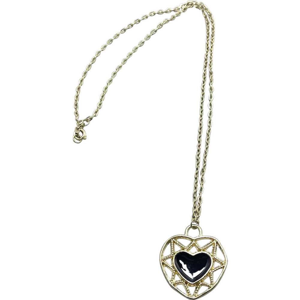 Vintage Black Enamel Heart Necklace - image 1