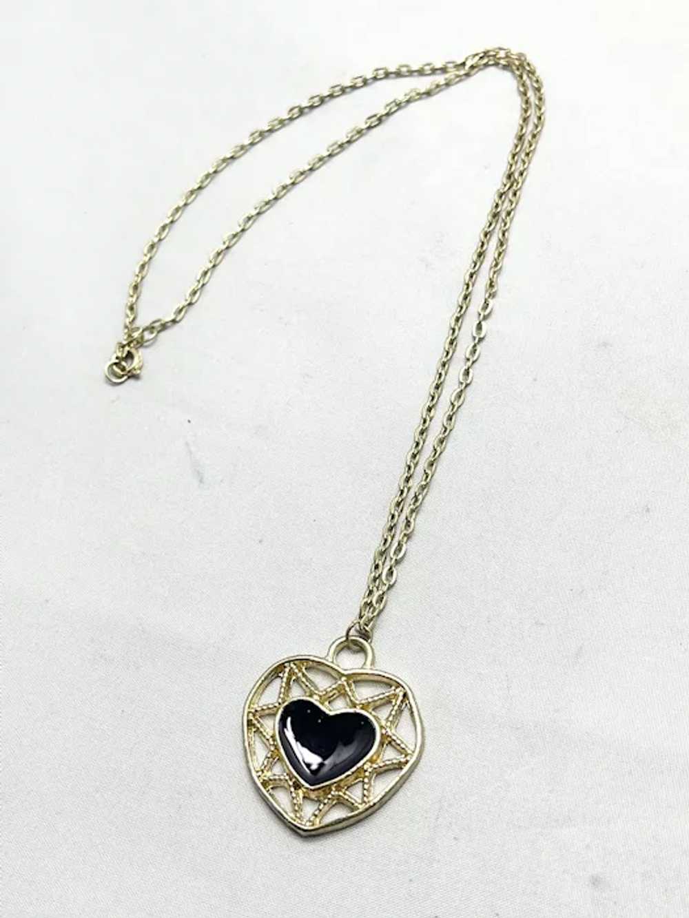 Vintage Black Enamel Heart Necklace - image 2