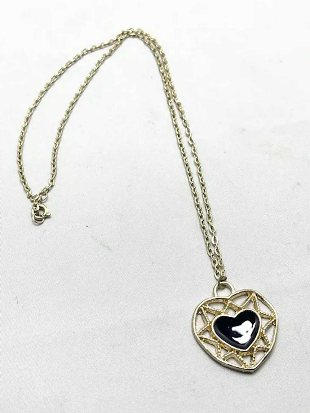 Vintage Black Enamel Heart Necklace - image 4