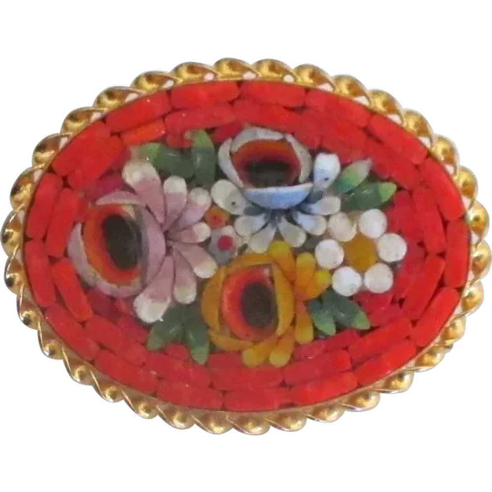 Vintage Italian Micro Mosaic Floral Orange Brooch - image 1