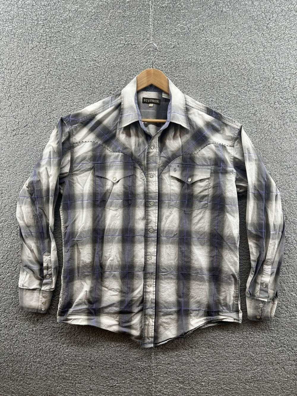 Stetson Stetson White Blue Gray Plaid Western T-S… - image 1