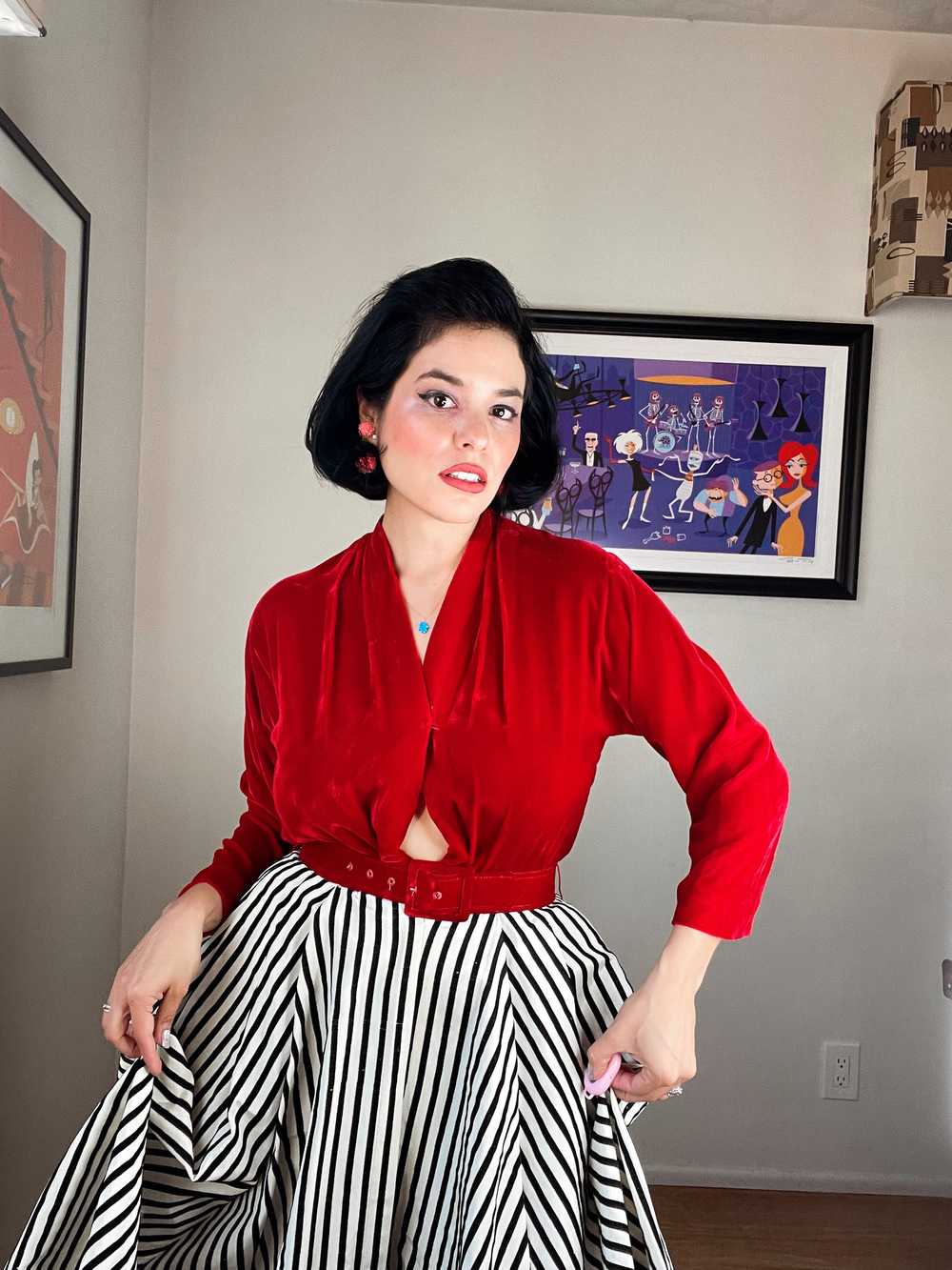 Vintage 50s Red Velvet with Striped Skirt Maxi Dr… - image 10