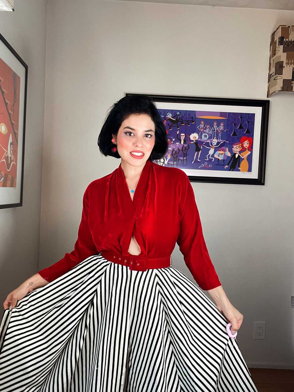 Vintage 50s Red Velvet with Striped Skirt Maxi Dr… - image 11