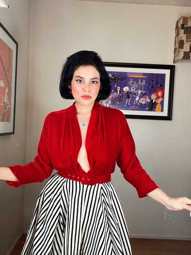 Vintage 50s Red Velvet with Striped Skirt Maxi Dr… - image 1
