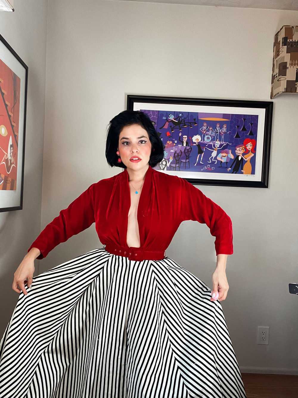 Vintage 50s Red Velvet with Striped Skirt Maxi Dr… - image 3