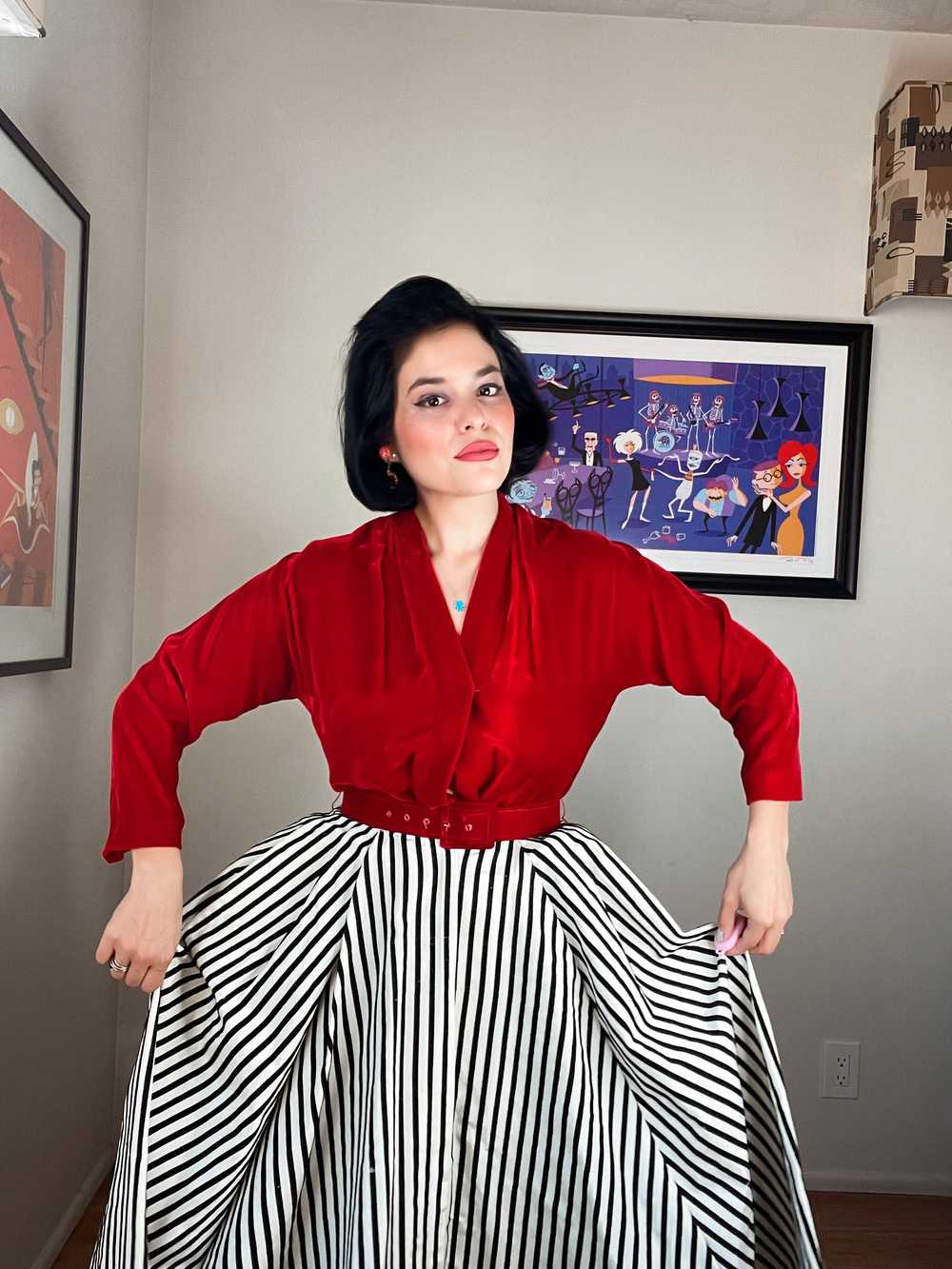 Vintage 50s Red Velvet with Striped Skirt Maxi Dr… - image 4