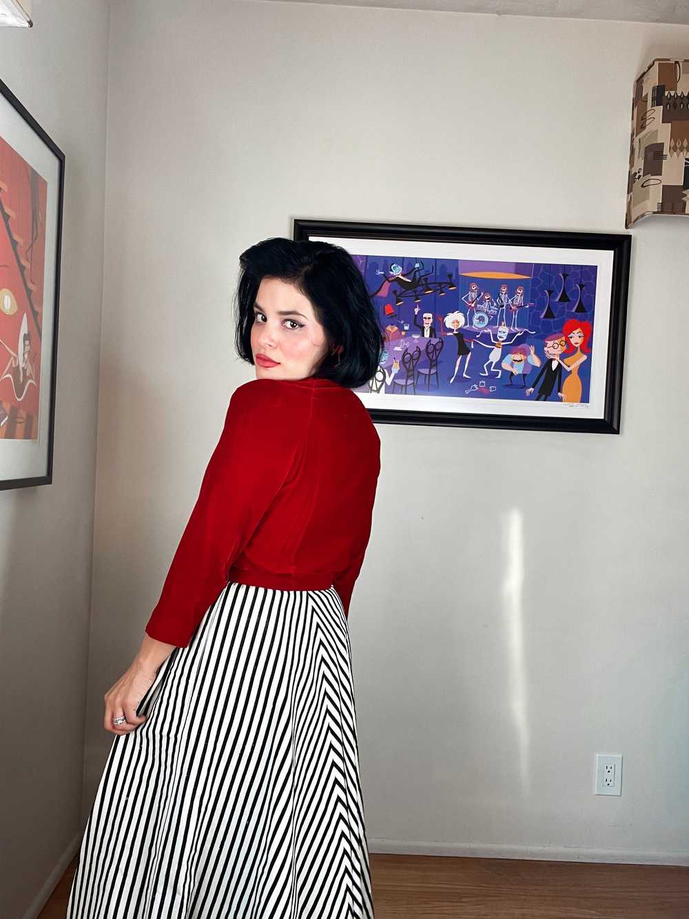 Vintage 50s Red Velvet with Striped Skirt Maxi Dr… - image 5
