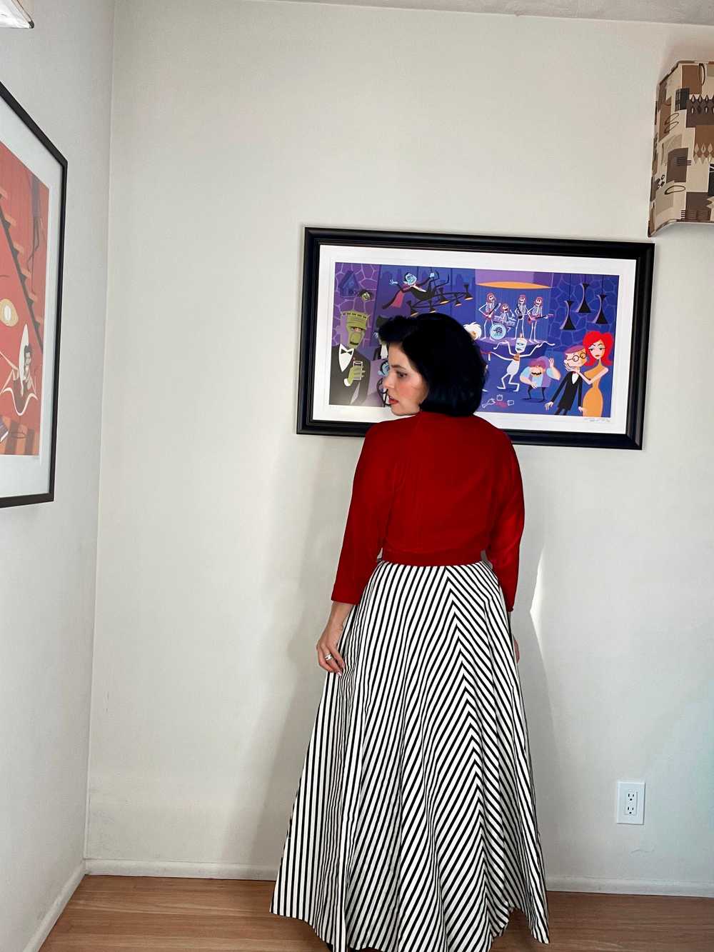 Vintage 50s Red Velvet with Striped Skirt Maxi Dr… - image 6