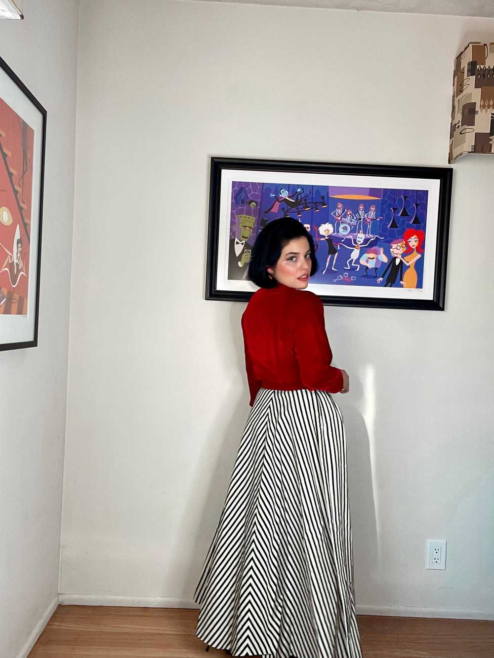 Vintage 50s Red Velvet with Striped Skirt Maxi Dr… - image 7