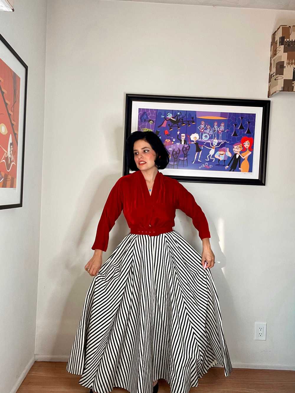 Vintage 50s Red Velvet with Striped Skirt Maxi Dr… - image 8