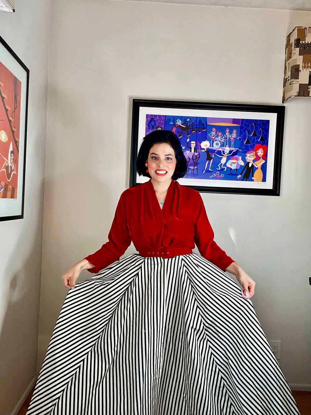 Vintage 50s Red Velvet with Striped Skirt Maxi Dr… - image 9