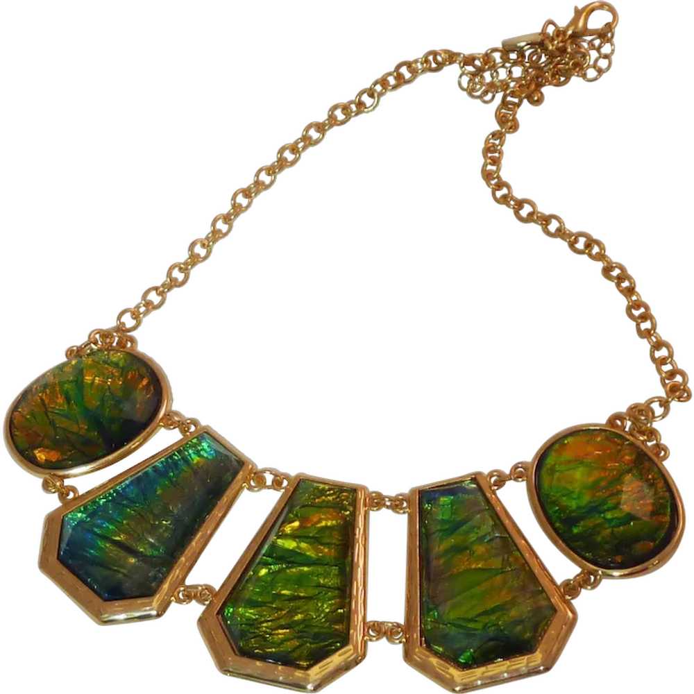 Gold Tone Green Iridescent Enamel Necklace - image 1