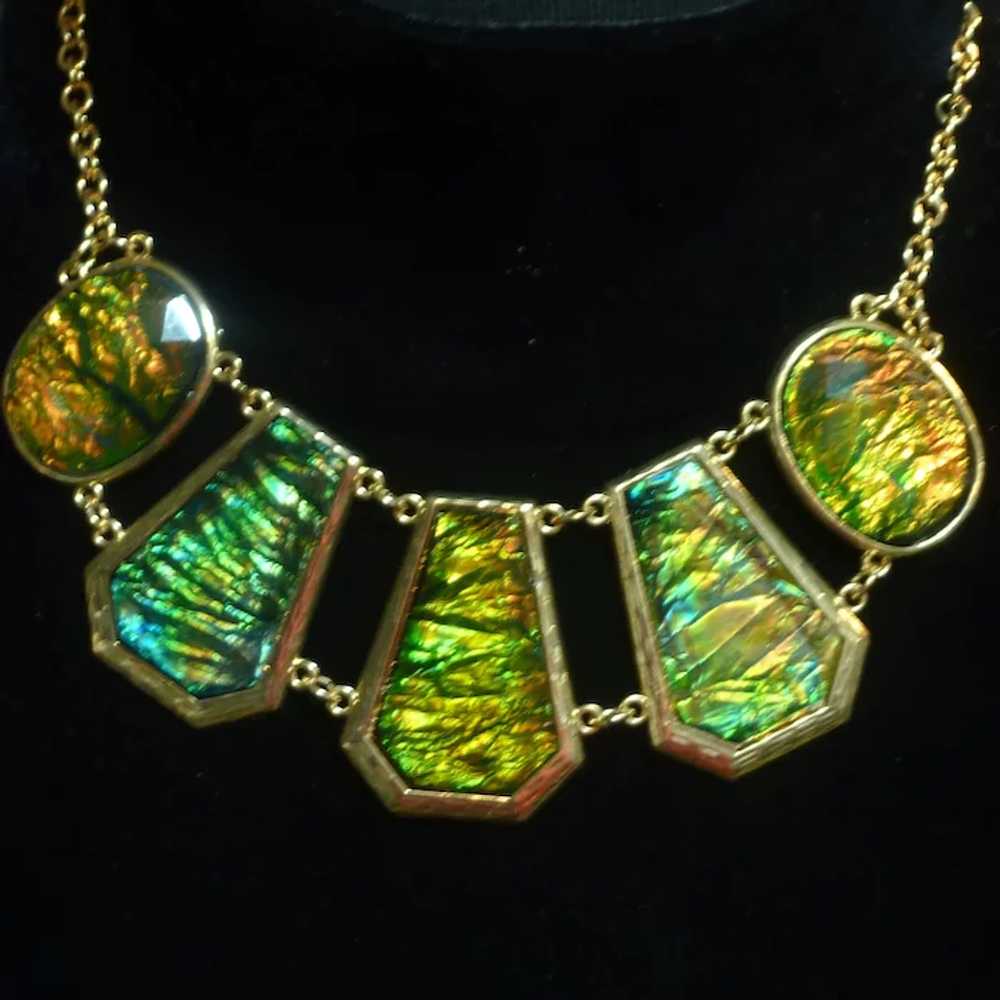 Gold Tone Green Iridescent Enamel Necklace - image 3