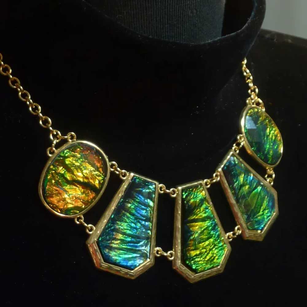 Gold Tone Green Iridescent Enamel Necklace - image 4