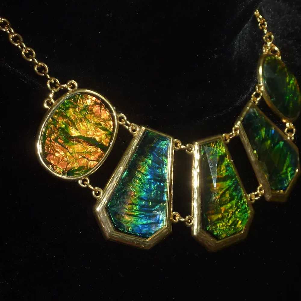 Gold Tone Green Iridescent Enamel Necklace - image 5