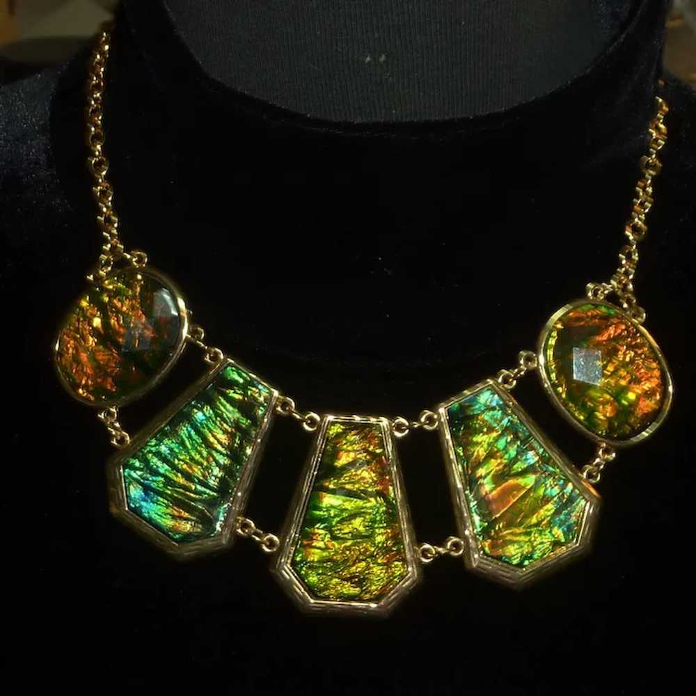 Gold Tone Green Iridescent Enamel Necklace - image 6