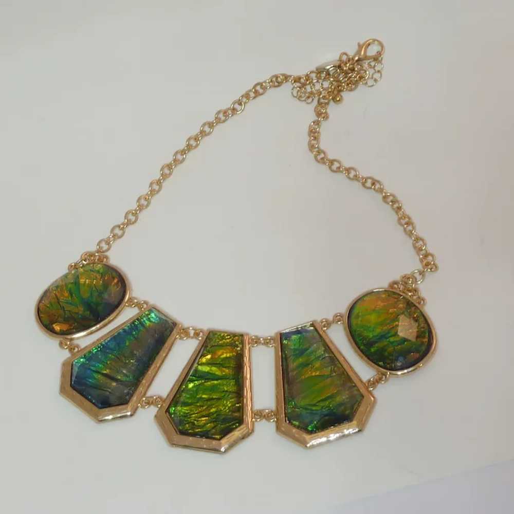 Gold Tone Green Iridescent Enamel Necklace - image 7