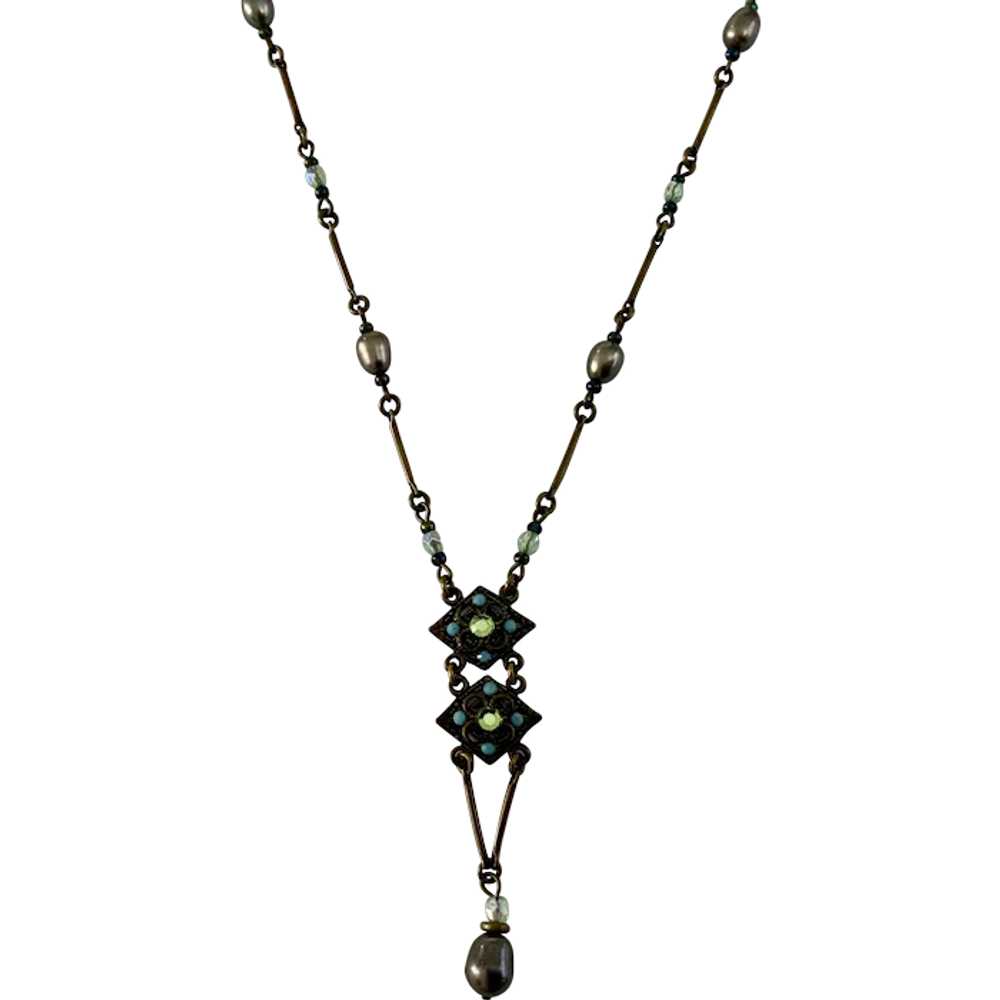 Bess Nathan Drop Necklace Brass With Black Freshw… - image 1