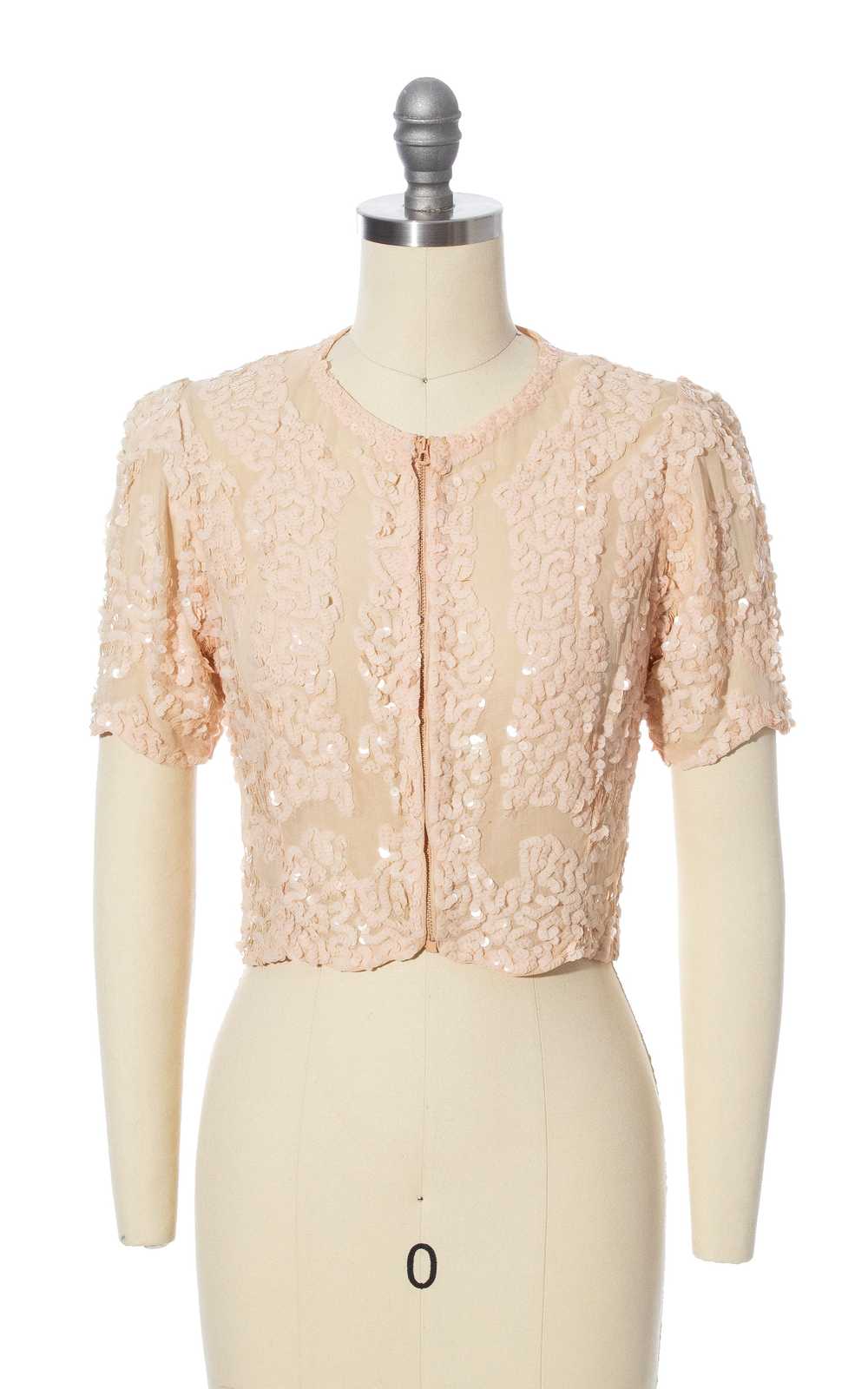 1930s Pink Sequined Scalloped Top | x-small - image 1
