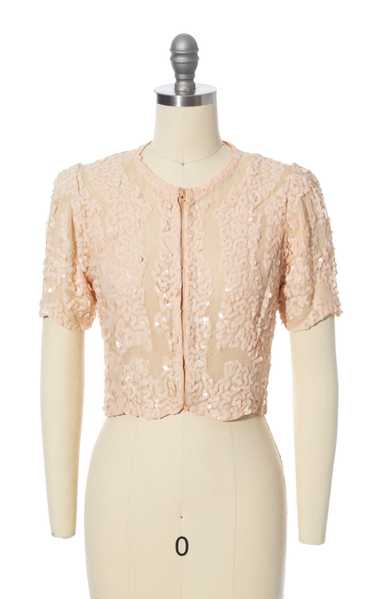 1930s Pink Sequined Scalloped Top | x-small - image 1