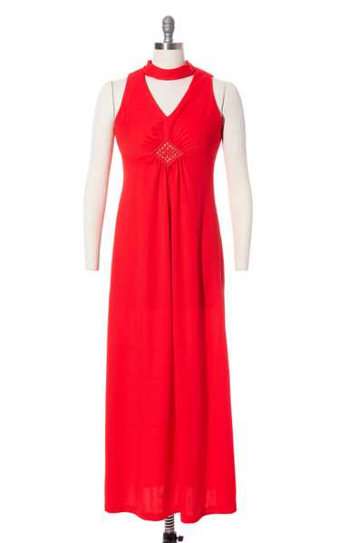 1970s Rhinestone Keyhole Red Maxi Dress | small