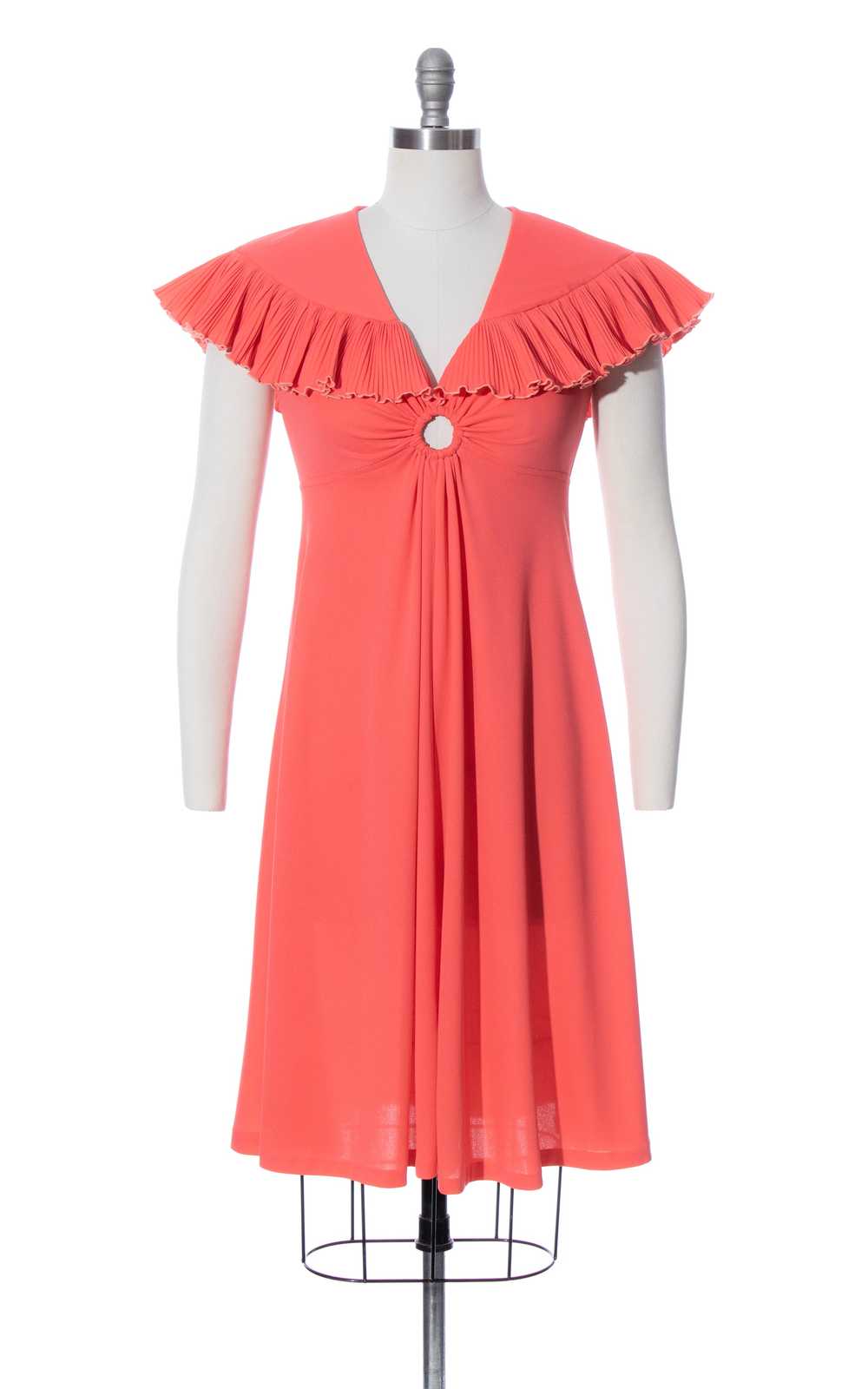 1970s Hot Peach Pleated Capelet Dress | small - image 1