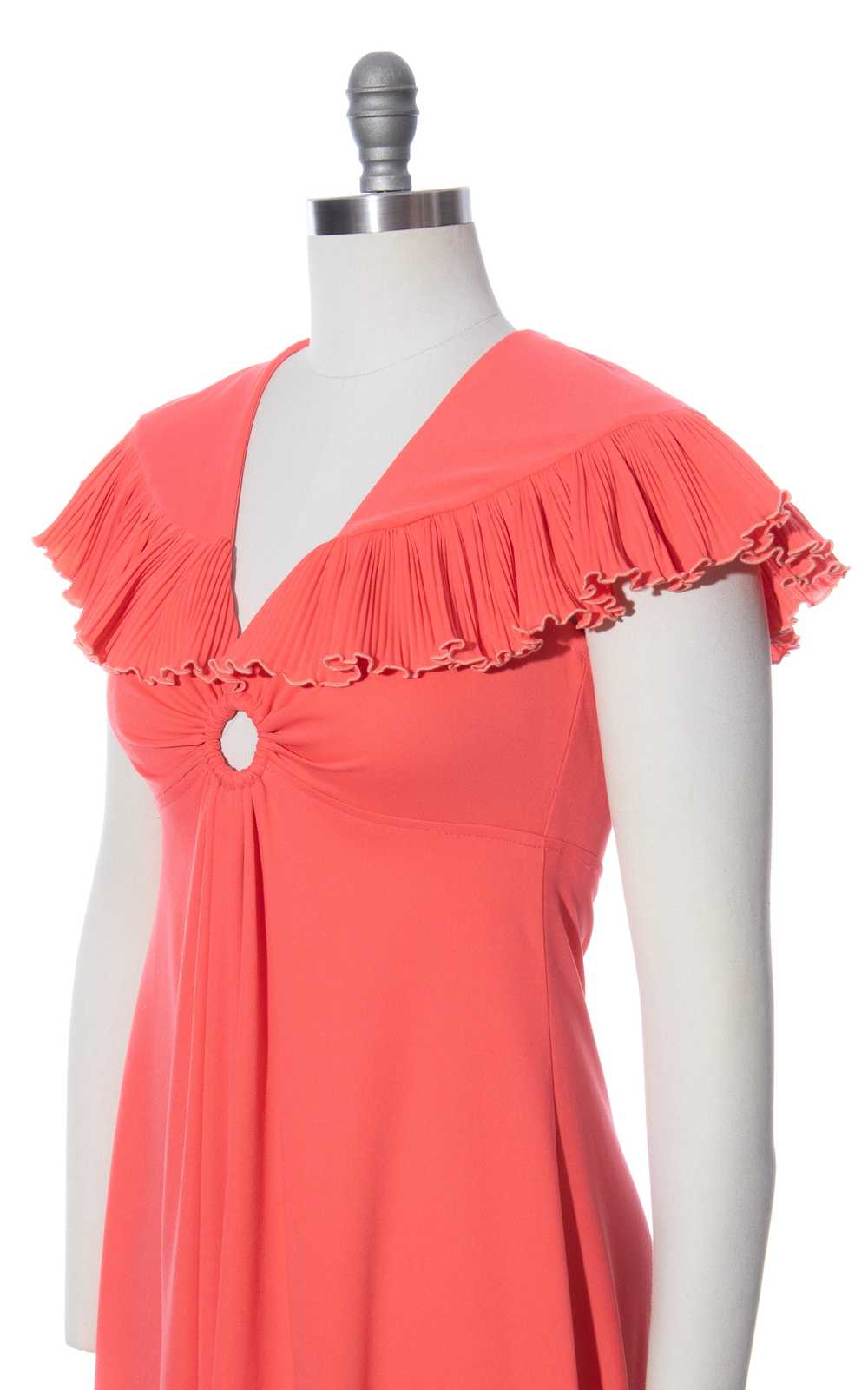 1970s Hot Peach Pleated Capelet Dress | small - image 2