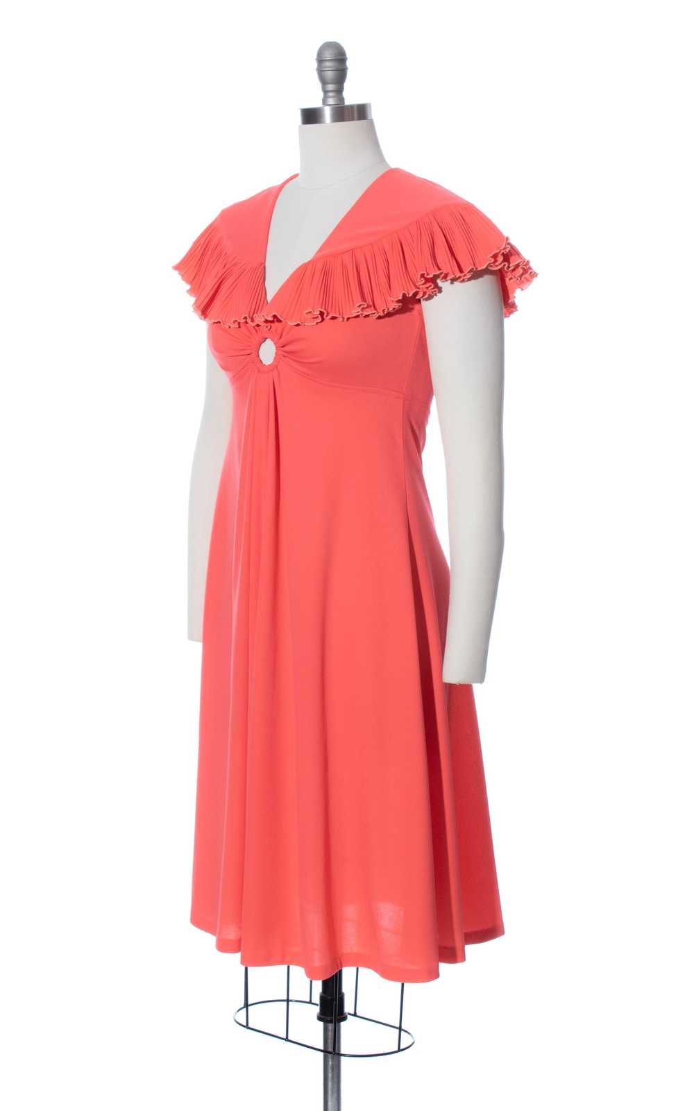 1970s Hot Peach Pleated Capelet Dress | small - image 3