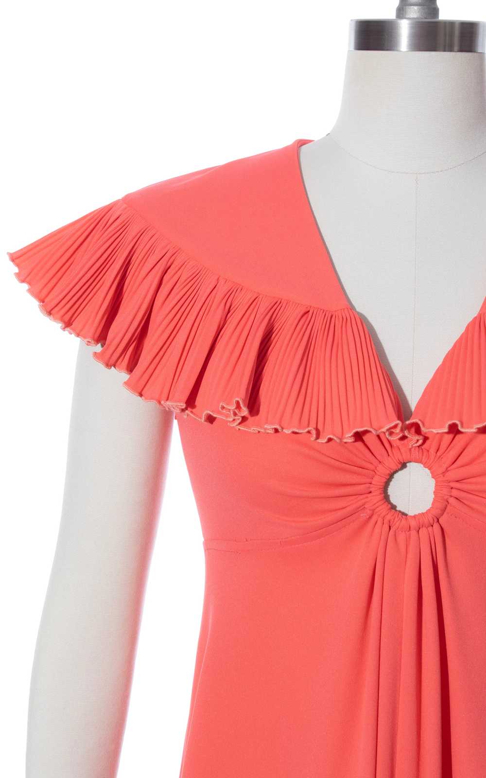 1970s Hot Peach Pleated Capelet Dress | small - image 5