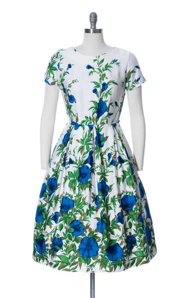 1950s Morning Glory Floral Border Print Dress | me