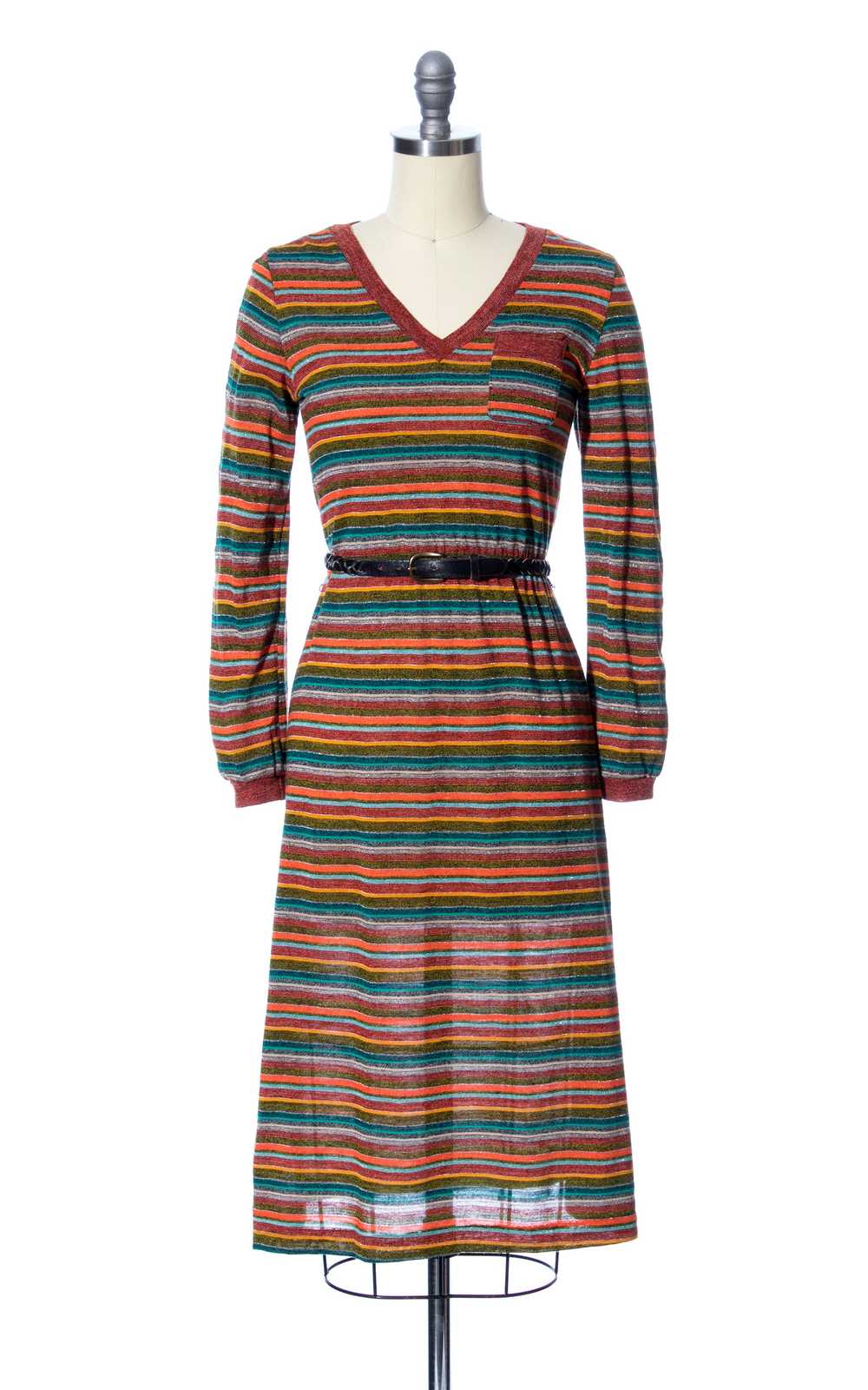 1970s Metallic Striped Jersey Dress | x-small - image 1