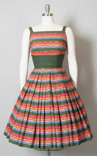 1950s Rainbow Striped Pleated Cotton Sundress | sm