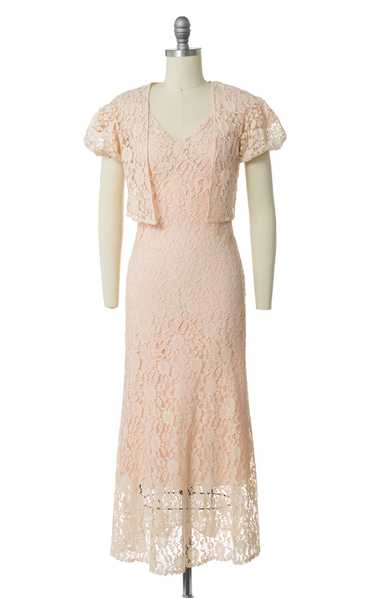 1930s Peach Lace Wedding Dress Set | x-small