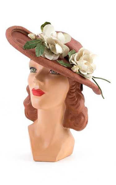 1950s Magnolia Flowers & Brown Woven Straw Sun Hat