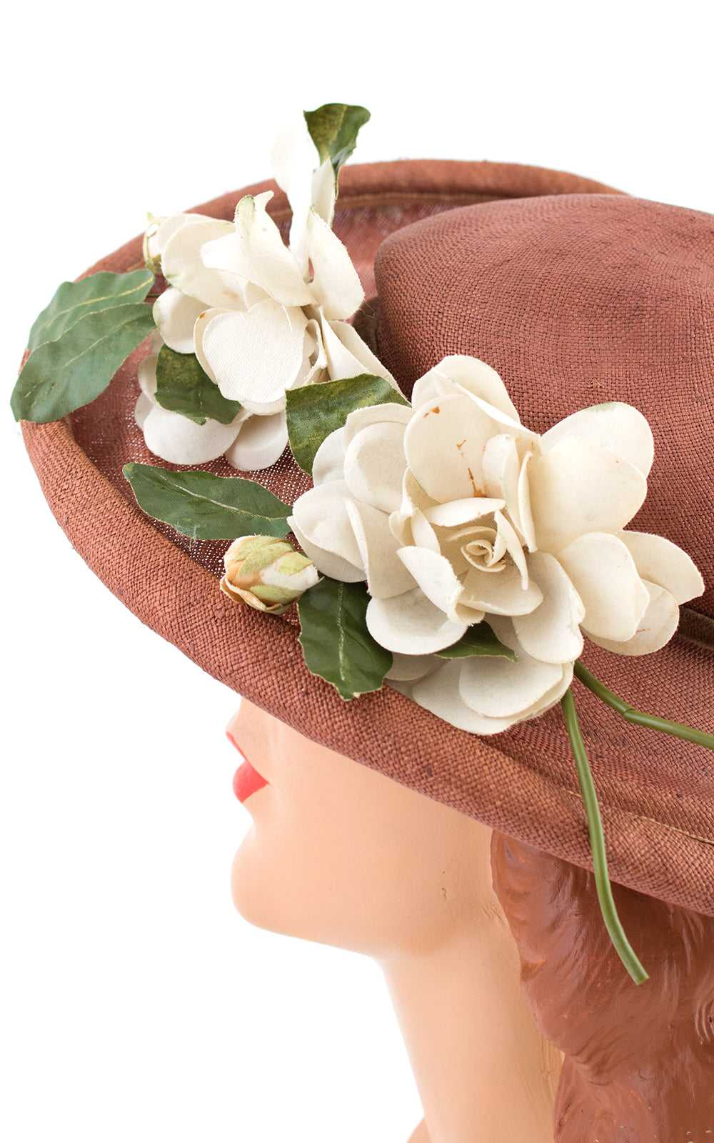 1950s Magnolia Flowers & Brown Woven Straw Sun Ha… - image 2