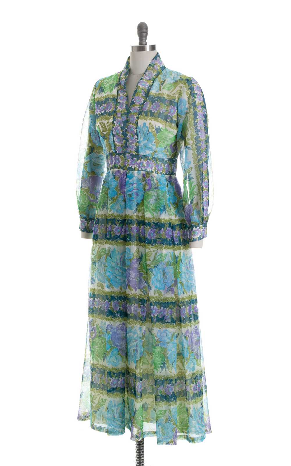 1970s Floral Striped Chiffon Gown | medium - image 3