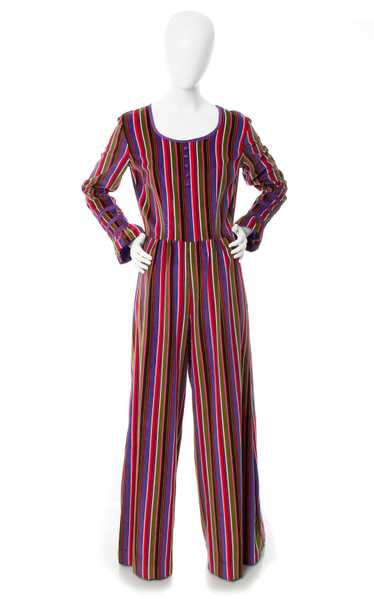 1960s 1970s Striped Velvet Palazzo Jumpsuit | med… - image 1