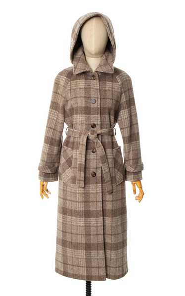 1970s Plaid Wool Hooded Belted Coat | small