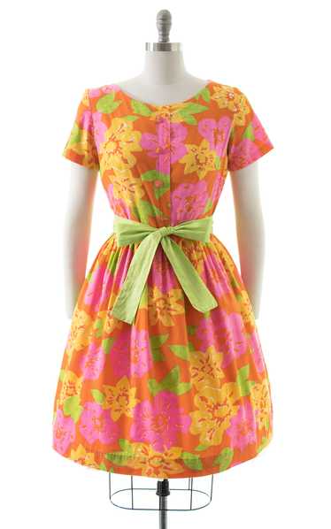 1950s Mode O' Day Lime Floral Cotton Dress | mediu