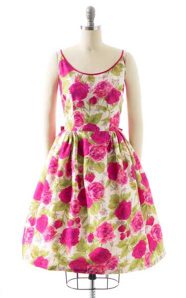 1960s Rose Printed Silk Party Dress | small